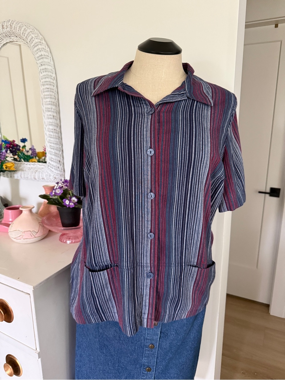 90’s Plus Size Allison Daley Striped Button-Front Top in Navy/Burgundy/Red